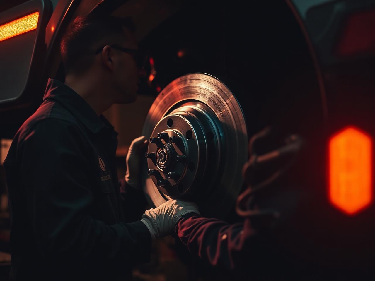 Mechanic inspecting the brake disc and wheel hub of a lorry trailer under workshop lighting