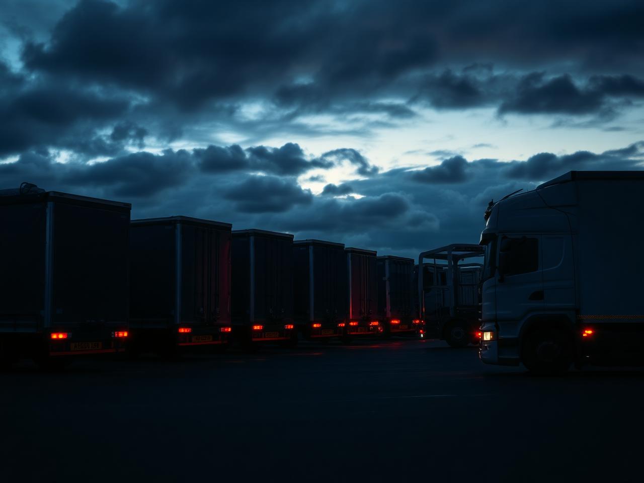 Row of commercial lorry trailers lined up in a maintenance depot under evening light